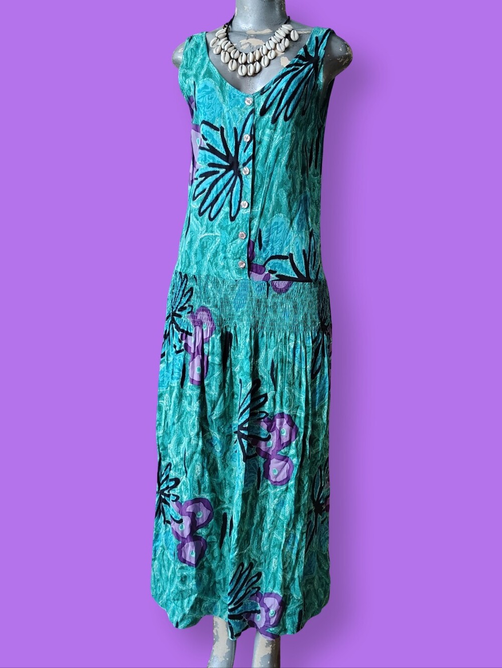 80s Vintage Maxi Tank Dress Sz Medium Teal Floral Summer Drop Waist Sundress